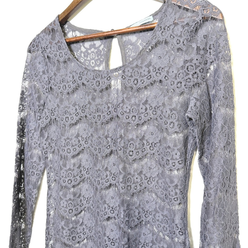 Maurices Womens Grey Floral Lace Long Sleeve Top Sheer Keyhole Back Small